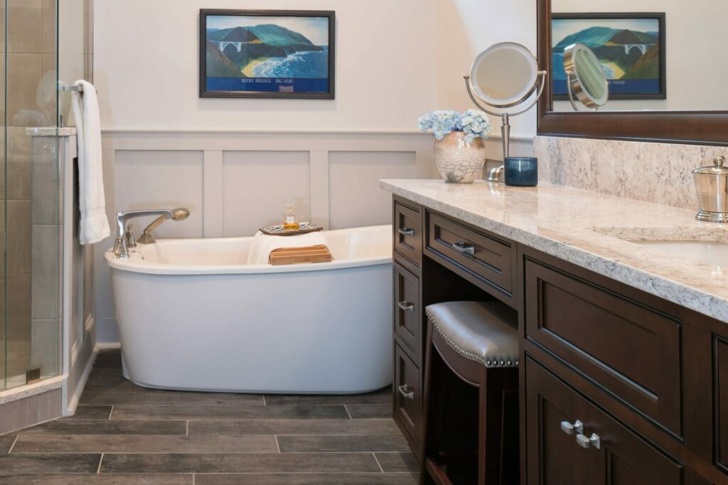 Freestanding tubs are a popular modern design choice.