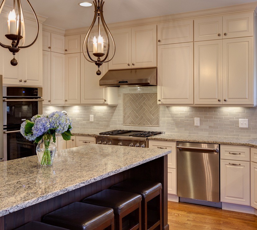 running bond backsplash with basketweave herringbone accent panel; Tile Design Ideas in Charlotte, NC
