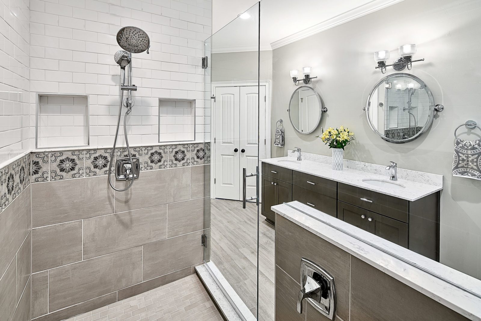 Recessed shower niches with subway tile