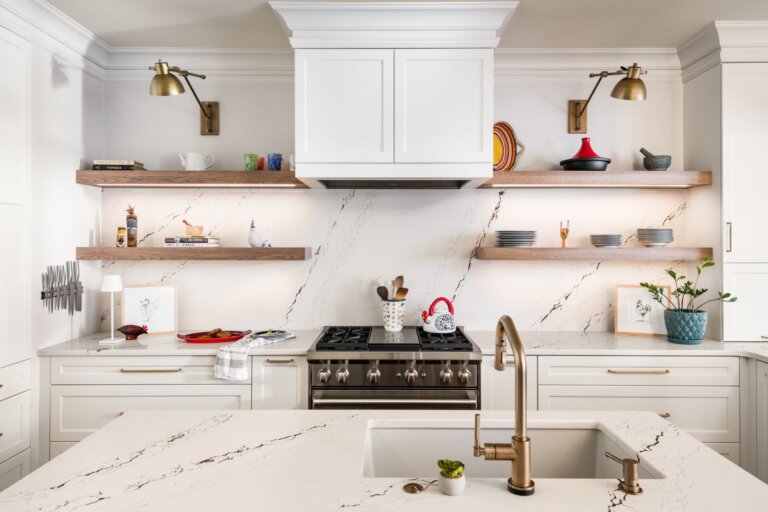 open shelving on both sides of the range