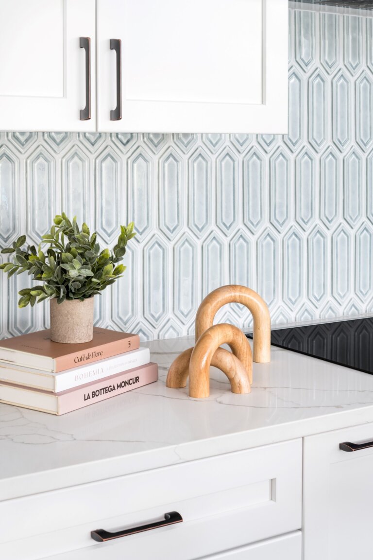 arctic blue hexagonal tile on a kitchen backsplash
