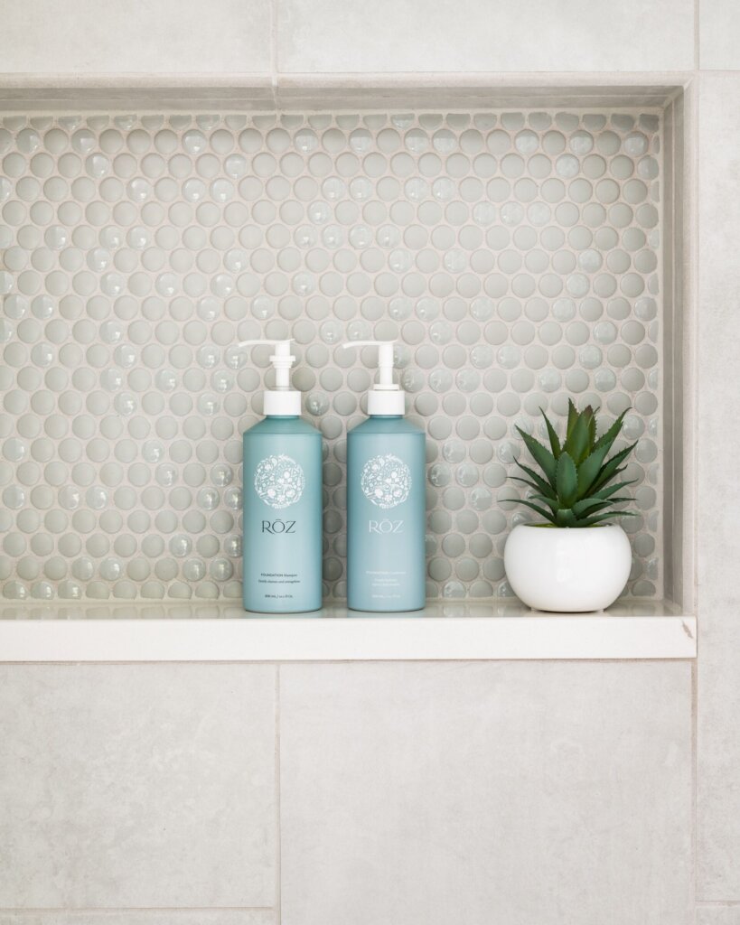 penny tile shower niche