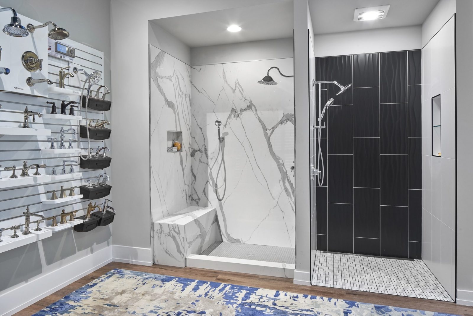 A porcelain slab shower enclosure on the left and a contemporary alcove shower on the right.