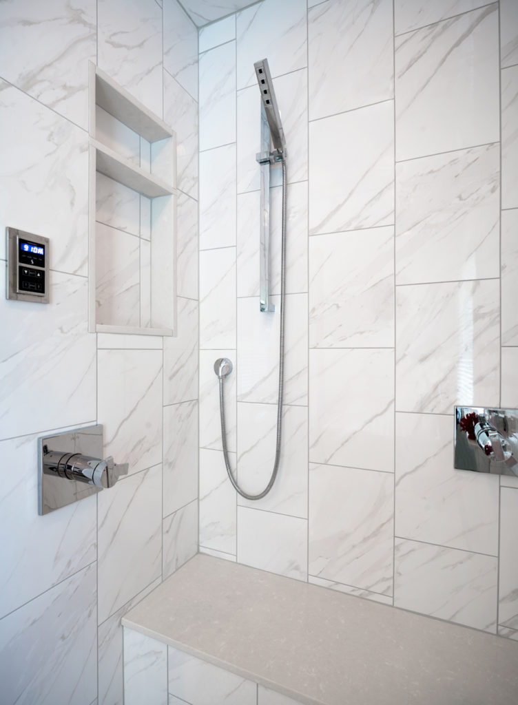 Vertical running bond shower wall tile; Tile Design Ideas in Charlotte, NC