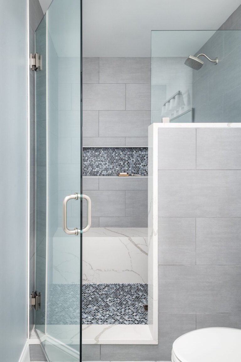 walk-in shower with a niche