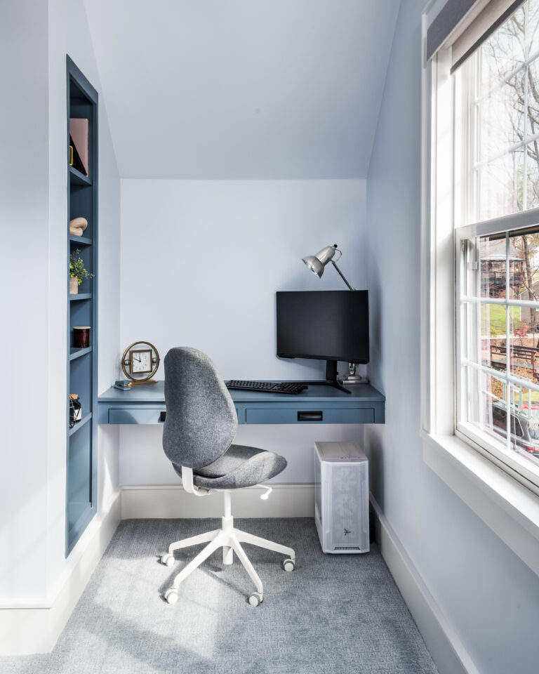 built-in desk with storage in a carmel forest home