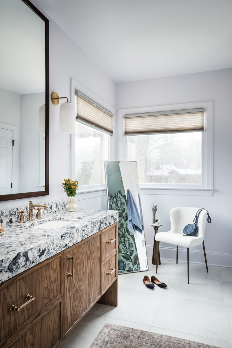 bathroom remodel in myers park with black and white countertops