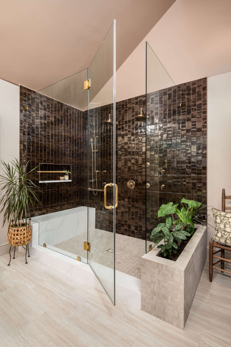 brown tiled walk-in shower