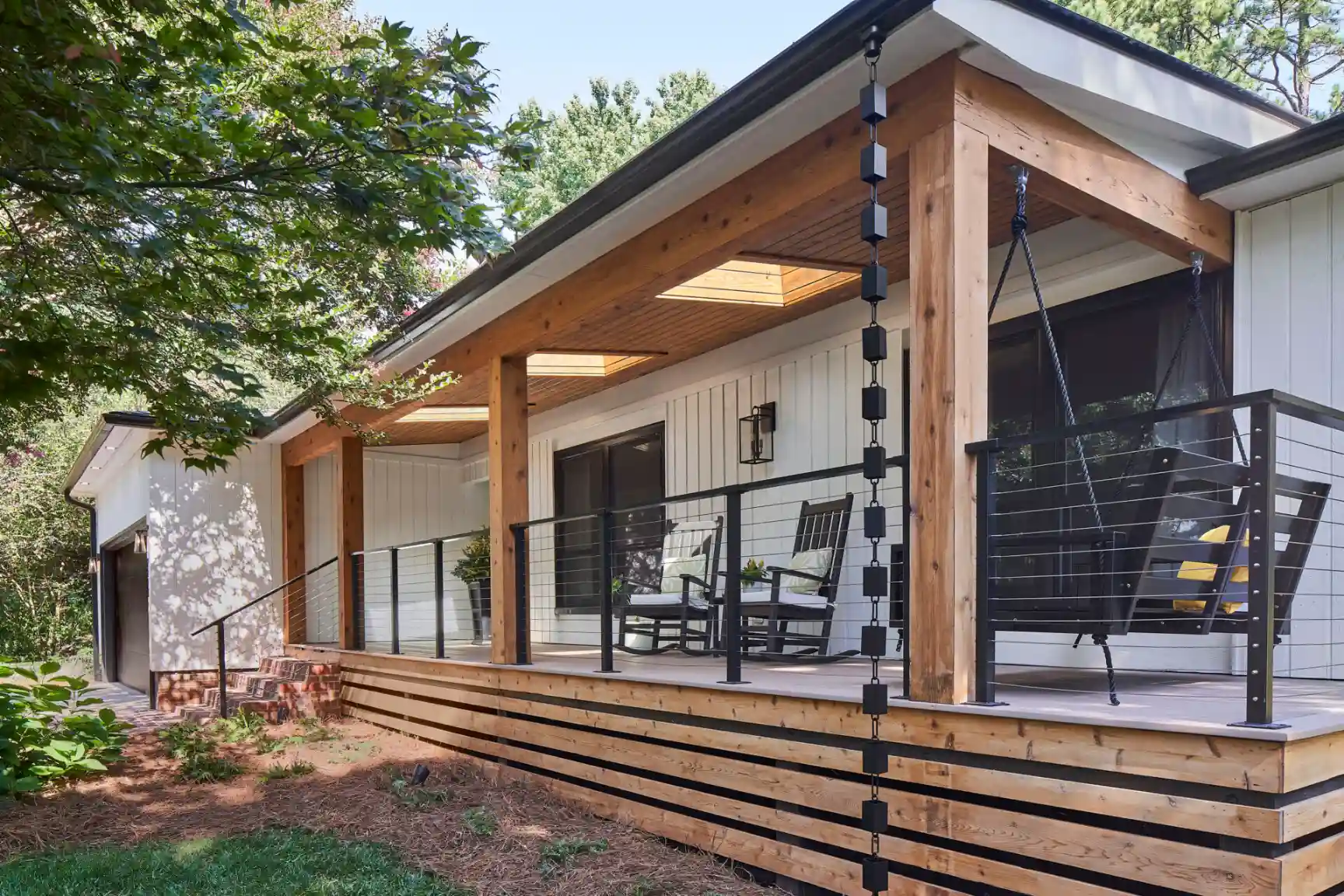 Natural wood inspired front porch on Lake Norman